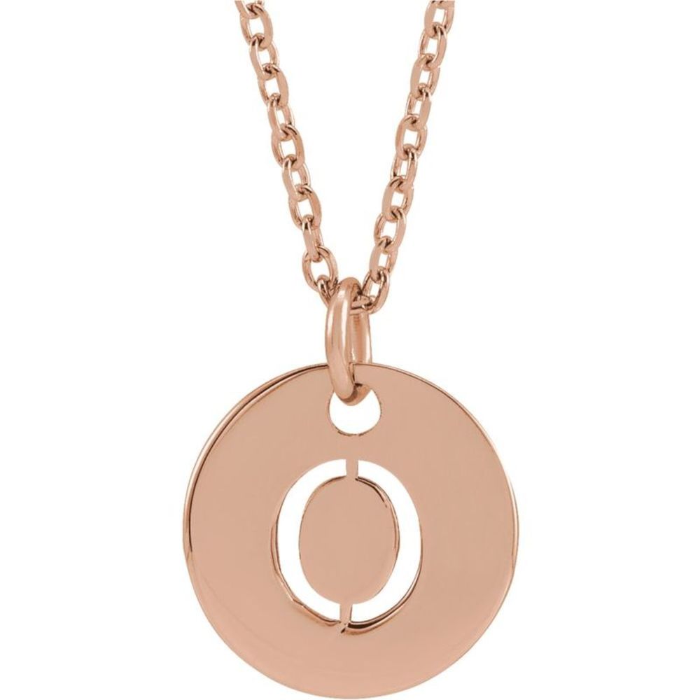 14k Rose Gold Initial O, Small 10mm Pierced Disc Necklace, 16-18 Inch